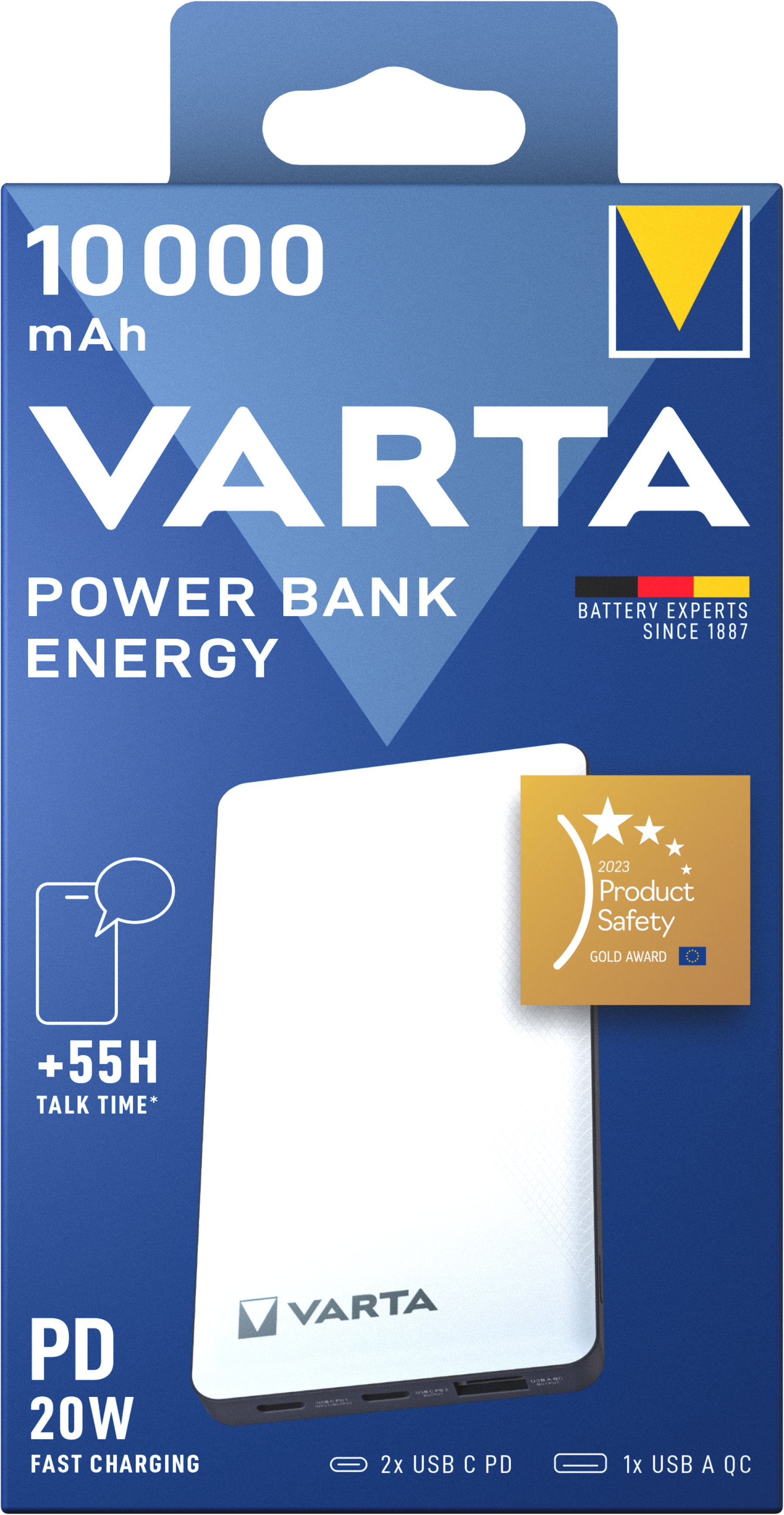 VARTA 10000mAh Energy Power Bank with 3 USB Ports, up to 20W PD & QC, USB-C Cable Included